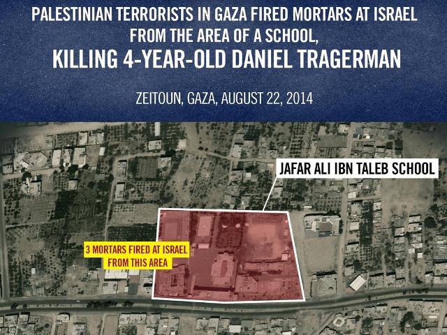 Palästinensische Terroristen im Gazastreifen feuern Mörsergranaten aus Nähe einer Schule und töten vier Jahre alten Daniel Tragerman.